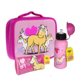 Bugzz Kids Stuff Children's School Bag Set - Lunch Bag - Drinks Bottle and Pencil Case (Pony)