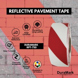 DuraMark RPT-750 Hazard Safety Warning Stripe Tape, Durable Outdoor Heavy Duty Rubber Base, Reflective Slip Resistant Pavement Marking Adhesive Tape for Hazardous Areas (Red & White, 2" x 18')
