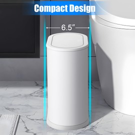 Anzoymx Stainless Steel Bathroom Trash Cans 1.8 Gallons Small Garbage Can with Pop up Lid, Dog Proof Narrow Wastebasket, Slim Waterproof Litter Trash Bins Set for Bedroom, Toilet, Office (White)
