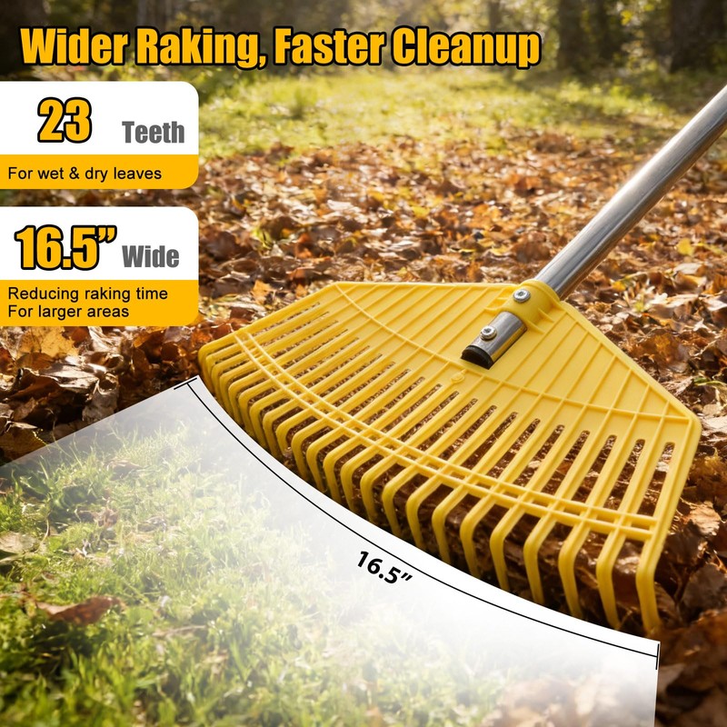 Leaf Rake,Unbreakable Nylon Graden Rake for Lawn,16.5” Wide,45” Long Handle,Yard