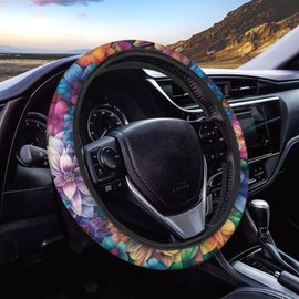 Jeiento Color Boho Floral Neoprene Car Steering Wheel Cover Universal 15 Inch Fit, Anti-Slip Sweat-Absorbent Automotive Steering Cover for SUV Trucks Van