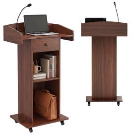 Suuiwau Portable Podium Stand with Metal Wheels, Rolling Podium with Drawer and Adjustable Shelf, Mobile Pulpit for Church, Wooden Lectern for Classroom Office Restaurant Conference (Brown)