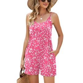 LOMON Womens Summer Casual Spaghetti Strap Beach Rompers Scoop Neck Cami Shorts Romper Jumpsuit with Pockets Rose Red Floral XXL