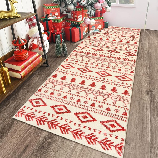 Lahome Christmas Snowflake Red Runner Rug,2x6 Rustic Moroccan Washable Soft Bathroom Non-Slip Rubber Backing 6ft Bedside Kitchen Rug Runner Farmhouse Tribal Entryway Carpet Runner