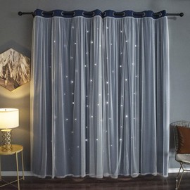 Kinryb Sheer Overlay Curtains for Girls Bedroom, 84 Inches, 2 Panel Navy Blue Star Cutout Curtains with 2 Free Tiebacks