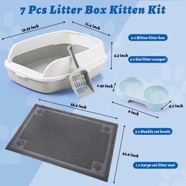 Sliner 7 Pcs Kitten Litter Box Starter Kit, 2 Plastic Small Kitty Litter Box Training Low Entry Cat Litter Box with Scoop, 2 Whisker Friendly Double Cat Bowl and Litter Mat for Kitten Indoor (Gray)
