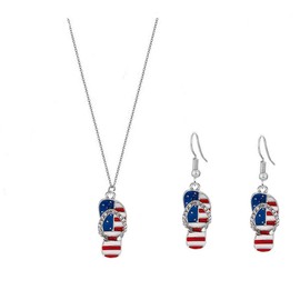 WLL 4th of July USA American Flag Flip-flop Beach Sandal Pendant Necklace Earrings Charm Independence Day Gift Jewelry for Women(A:Silver)