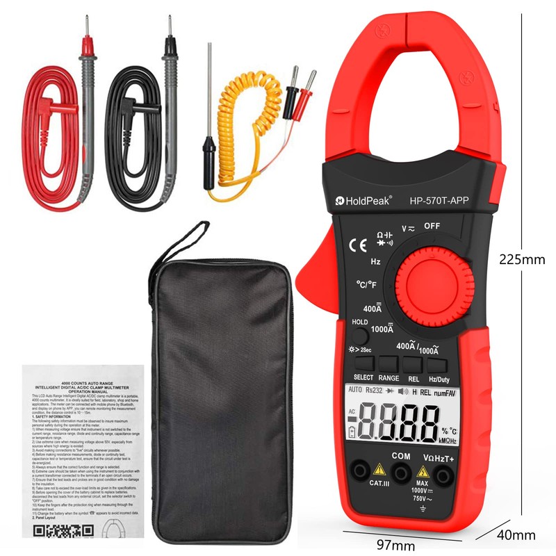 HOLDPEAK Handheld Clamp Meter with Bluetooth via APP, HP-570T-APP Digital