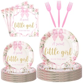 Sunnyray 96 Pieces Coquette Pink Bow Baby Shower Plates and Napkins a Sweet Little Women Is on the Way Baby Shower Party Supplies Dessert Plates Napkins Forks for 24 Guests