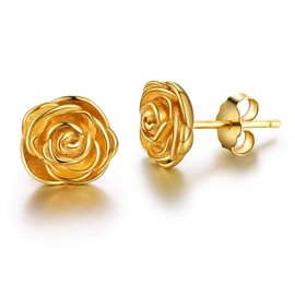 Esberry ✦Gifts for Christmas✦ 18K Gold Plating 925 Sterling Silver Rose Stud Earrings Hypoallergenic Flower Earrings Jewelry for Women and Girls (Yellow Gold)