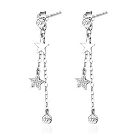 CZ Bezel Star Tassels Dangle Earrings for Women Teen Girls Silver Plated Crystal Stars Drop Dangling Stud Earring Cartilage Tragus Piercing Post Pin Lightweight Christmas Birthday Jewelry Dainty