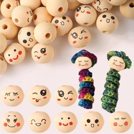 YIEUR Pack of 104 Wooden Beads with Face Round, 20 mm Loose Wooden Beads Printed Wooden Balls with Hole for Threading, Colourful Jewellery Beads Craft Beads for Bracelet Necklace Decoration DIY &