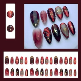 ONPRESS 24Pcs Gothic Dark Red Press on Nails Medium Almond Fake Nails Gold French Tips Glue on Nails with Pentagram Love Bow Design ins False Nail Dark Starry Sky Stick on Nail Acrylic Nail for Women