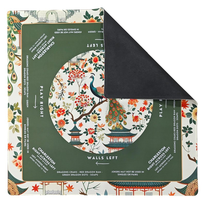 Noise-Reducing Mahjong Mat,31.5"x31.5" Portable Tablecloth for Mahjong,Green Floral and Birds