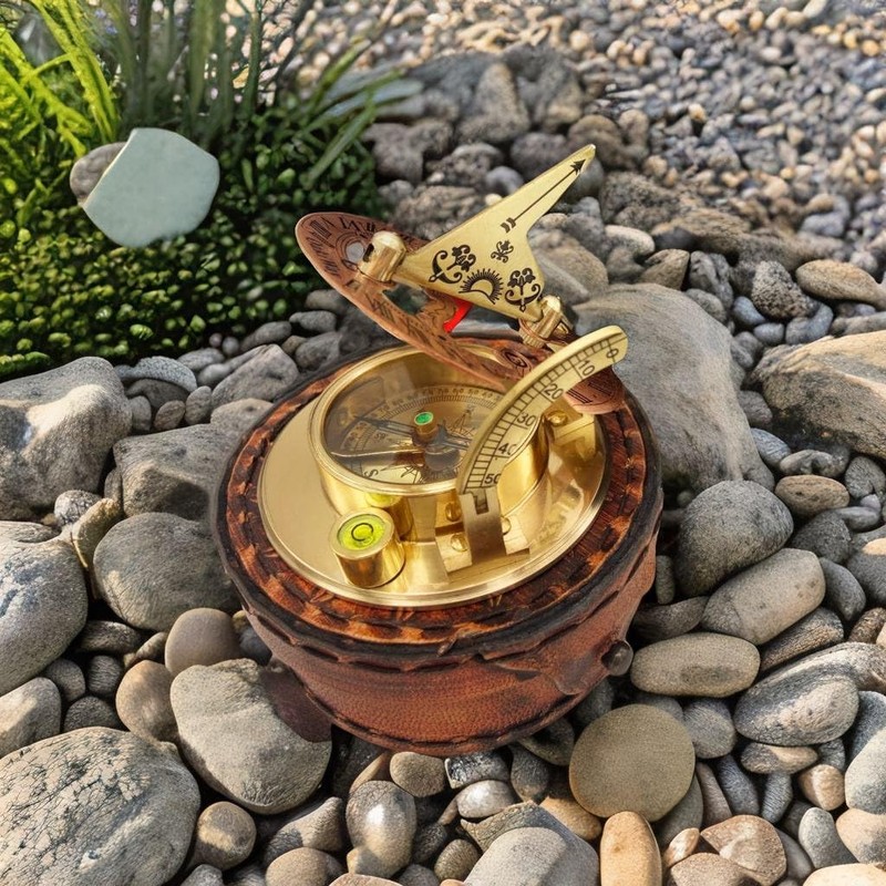 Brass Sundial Compass in Leather Case - Nautical Gifts for