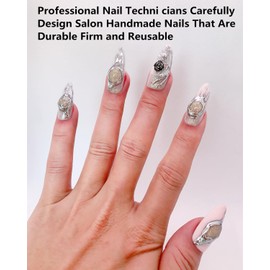 CAMILCY Press on Nails Handmade Nails Luxury Reusable Fake Nails long Almond Armor Pink Silver Diamonds Hand Painted Salon Loveful Design Acrylic GelUV Finished For Women 3D Nails 10PCS(A69, M)
