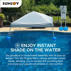 Sunjoy Floating Pool Canopy 10’× 10’ Pop Up Gazebo Grey Fabric Canopy, Steel and Aluminum Frame Floating Tent with PVC Floats, Hand Air Pump and Carry Bag