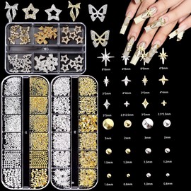 Y2K - 3 cajas de 3 cajas colgantes de uñas para uñas, estrella de oro 3D y diamantes de imitación plateados, decoración de uñas, pequeñas cuentas redondas de caviar, accesorios para manicura acrílica