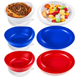 Hushee Adaptive Spill Proof Scoop Bowl and Plate Set with Suction Base Non Skid Self Feed Dinnerware for Elderly Disabled Handicapped from Parkinsons, Dementia, Stroke, Tremor(3 Sets,White, Blue, Red)