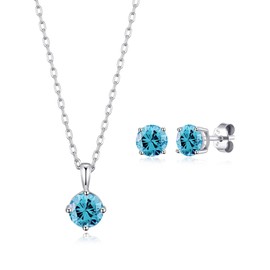 Philip Jones Sterling Silver March (Aquamarine) Birthstone Necklace & Earrings Set Created with Zircondia® Crystals