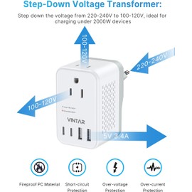 220V to 110V Travel Voltage Converter US to Europe, VINTAR 2000W Foldable European Travel Plug Adapter with 4 USB (2 USB C), Converter for European Travel for Hair Dryer Straightener Curling Iron