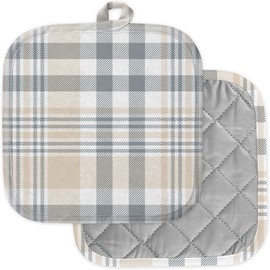 [Pack of 2] Pot Holders for Kitchen, Washable Heat Resistant Pot Holders, Hot Pads, Trivet for Cooking and Baking (Plaid Tan Beige)