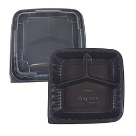 ecopax 75 Sets PP Pebble Box Serving Tray and Vented Lid, Food Container (9x9 3 Compartment) Lunch Box, Food Container, Black