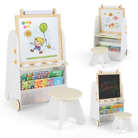 HONEY JOY Kids Art Easel, 4-in-1 Wooden Double-Sided Toddler Table & Chair Set w/Adjustable Magnetic Whiteboard & Chalkboard, Paper Roll, Bookshelf, Kids Easel with Chair for Arts, Crafts (Natural)
