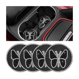 KHGUZ Bling Car Coasters, 4PCS Butterfly Rhinestone Anti-Slip Vehicle Cup Holder Insulated Bottle Mat, Diamond Shiny Automotive Interior Drink Protection Pad Accessories, Universal Fit (White)