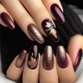 Burgundy Press on Nails Medium Fake Nails with Gold Maple Leaf Designs Coffin Glue on Nails Fall Winter Nails Press ons Glitter Acrylic Nails Artificial Stick on Nails for Women 24Pcs