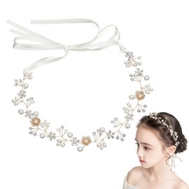 Samcos Hair Ornament, Flowers, Crystal Beads, Pearl, Ribbon, White, Headdress Garland, Hair Accessories, Wedding