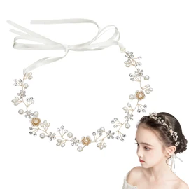 Samcos Hair Ornament, Flowers, Crystal Beads, Pearl, Ribbon, White, Headdress Garland, Hair Accessories, Wedding