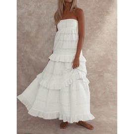 Women`s off shoulder frill maxi dress,fashion comfort sleeveless lace dress for daily outdoor wear,spring&summer outfit - Color: white, Size: S