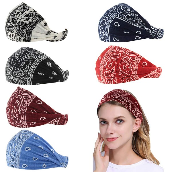 Carede Paisley Bandana Headband for Women with Elastic Yoga Headband Outdoor Hairband Adjustable Turban Headwrap,Pack of 6