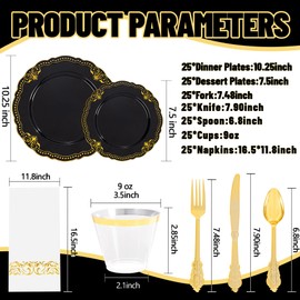 Ciaell 175 PCS Black and Gold Plastic Plates - Black Disposable Dinnerware Set with 50 Plates, 25 Knives, 25 Forks, 25 Spoons, 25 Cups, 25 Napkins for Parties and Weddings