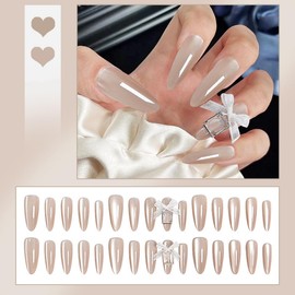 Nude Press on Nails Long Almond, Cube Sugar Bow Rhinestones Fake Nails with Glue, Handmade Acrylic Nails Full Cover Glossy False Nails for Women DIY Manicure Decoration, 24PCS