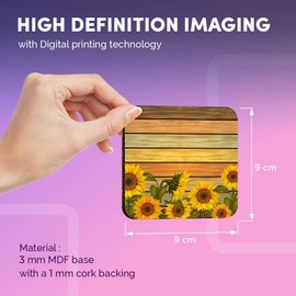 Destination Vinyl ltd Great Coasters (Set of 4) Square - Sunflowers on Rustic Wood Flowers Sun Drink Glossy Coasters/Tabletop Protection for Any Table Type #14663