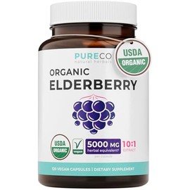 Organic Elderberry Capsules - 10:1 Extract Equals 5,000mg of Fresh Elderberries (Vegan) for Immune Support, Allergy, Sinus Relief - Sambucus Nigra - B