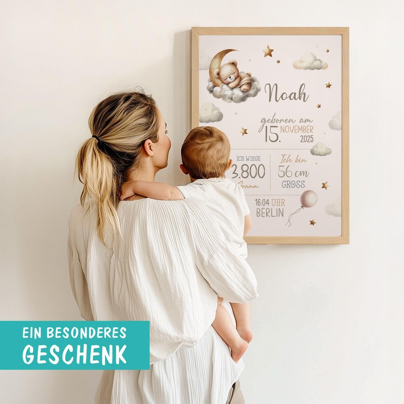 SpecialMe® Baby Poster personalisiert mit Geburtsdaten – Geburtsposter mit Teddybär,