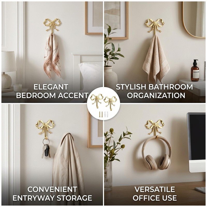 Tniytru Gold Hooks, 2 Pieces Elegant Bow Knot Wall Hooks