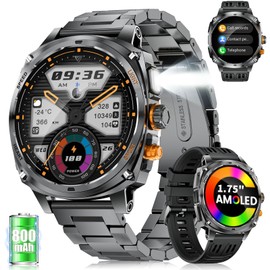 FOXBOX 1,75 Zoll AMOLED Gebogenem Touchscreen Smartwatch Herren, Militär Smart Watch mit LED-Taschenlampe für Android iOS, IP68 Wasserdicht, 800mAh, 200+ Ziffernblätter, 110+ Sportmodi, Schwarz