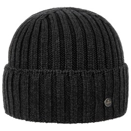 LIERYS Men's Merino Knitted Hat (20 cm Long) - Ribbed Knit Winter Hat Made of Merino Wool - Men's Hat in One Size (55-60 cm) - Turn-up Hat, charcoal
