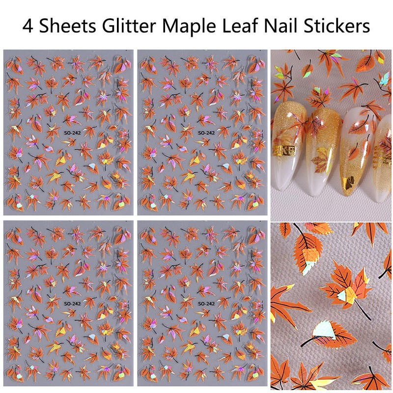 Laser Maple Leaf Nail Art Stickers Decals Holographic Glitter Self-Adhesive