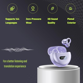 AI Language Translation Earbuds, AI Translation Earbuds Real Time, 144 Languages Translator Earbuds Open Ear Clip-On Design, Bluetooth AI Headphones for Business Travel Learning (Purple)