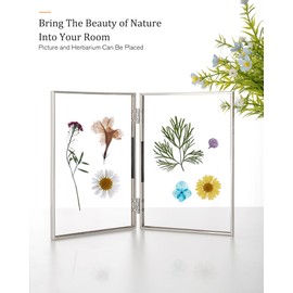 RICHFOCUS 3.5x5 Double Floating Picture Frame, Floating Display for 2x3, Hinged Folding Beaded Metal Picture Frames with Real Glass, Tabletop Photo Frame for Multiple Size, for Home Decor, Silver