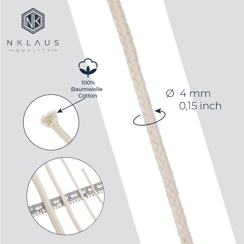 NKlaus 1 Metre Round Wick 100% Pure Cotton 6.0 mm