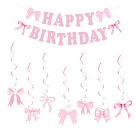 Pink Bow Birthday Party Decorations, Pink Bow Banner & Hanging Swirls for Girls, Women, Baby Showers,Theme Party Decor (Pink)