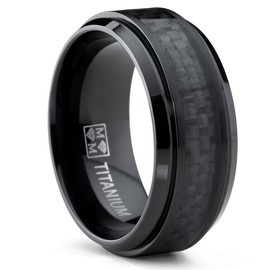 Metal Masters 9MM Black Titanium Men's Wedding Band Ring with Black Carbon Fiber Inlay, Comfort Fit Size 7