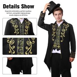 YORDET Men's Steampunk Tailcoat Medieval Retro Jacket Victorian Court Phnom Penh Embroidery Coat Vampire Costume Men for Adult (Black, L)
