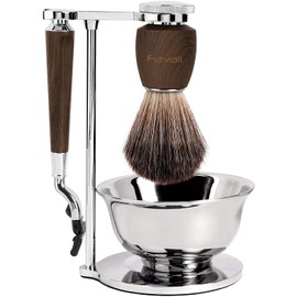Favali Shaving Brush Set, 4-in-1 Rustproof Shaving Brush Holder + Shaving Bowl + Shaving Brush + Wet Razor Men (Compatible with Mach 3) - Handles Made of Steamed Ash and Metal Accents